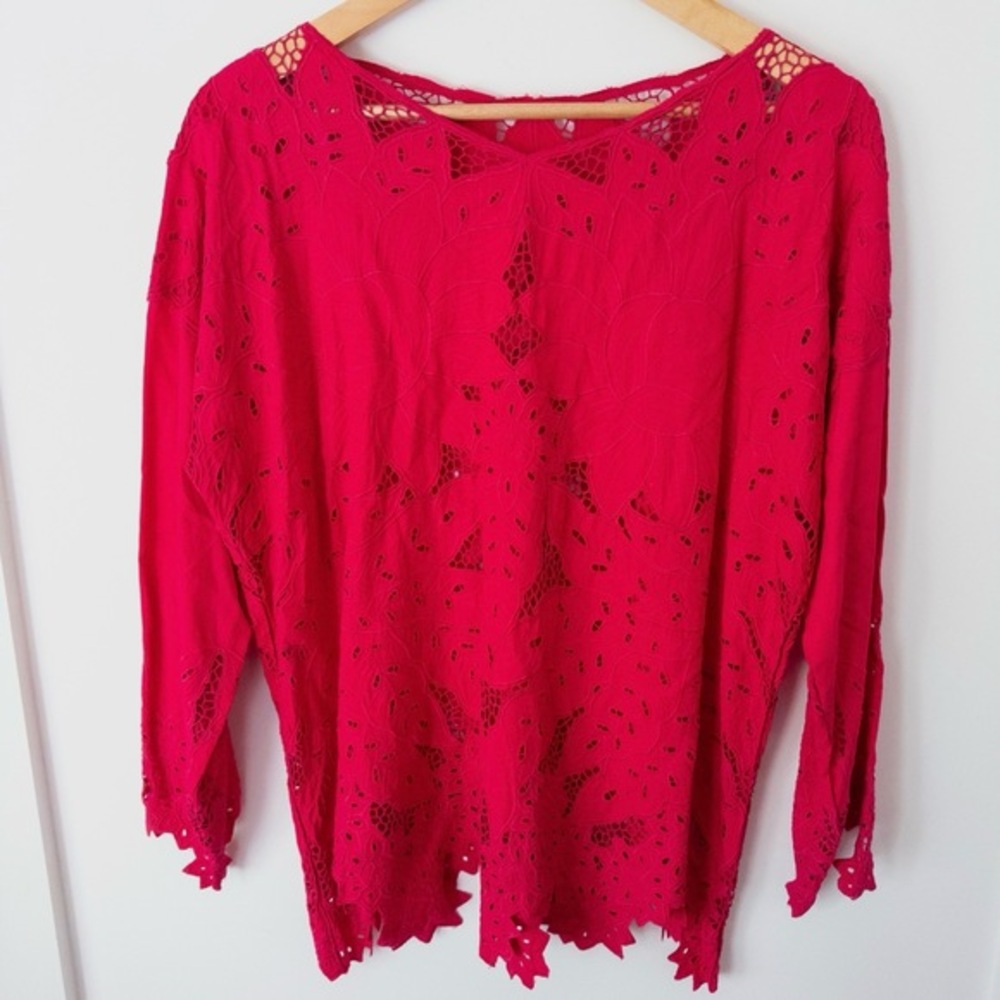 Vintage Red Floral Cutout Top Womens L Asymmetrical Boho Fairy Romantic Lace